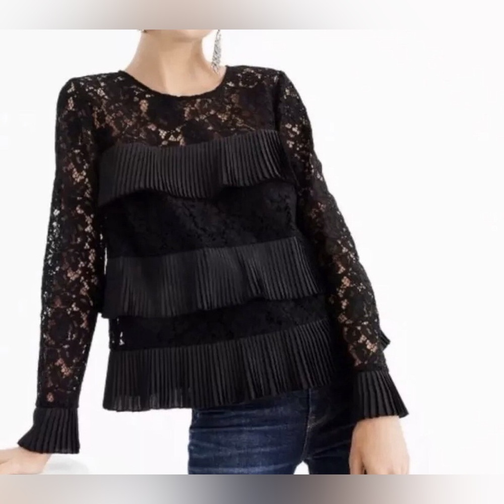 J. Crew Black Lace Tiered Ruffle Blouse, size 6